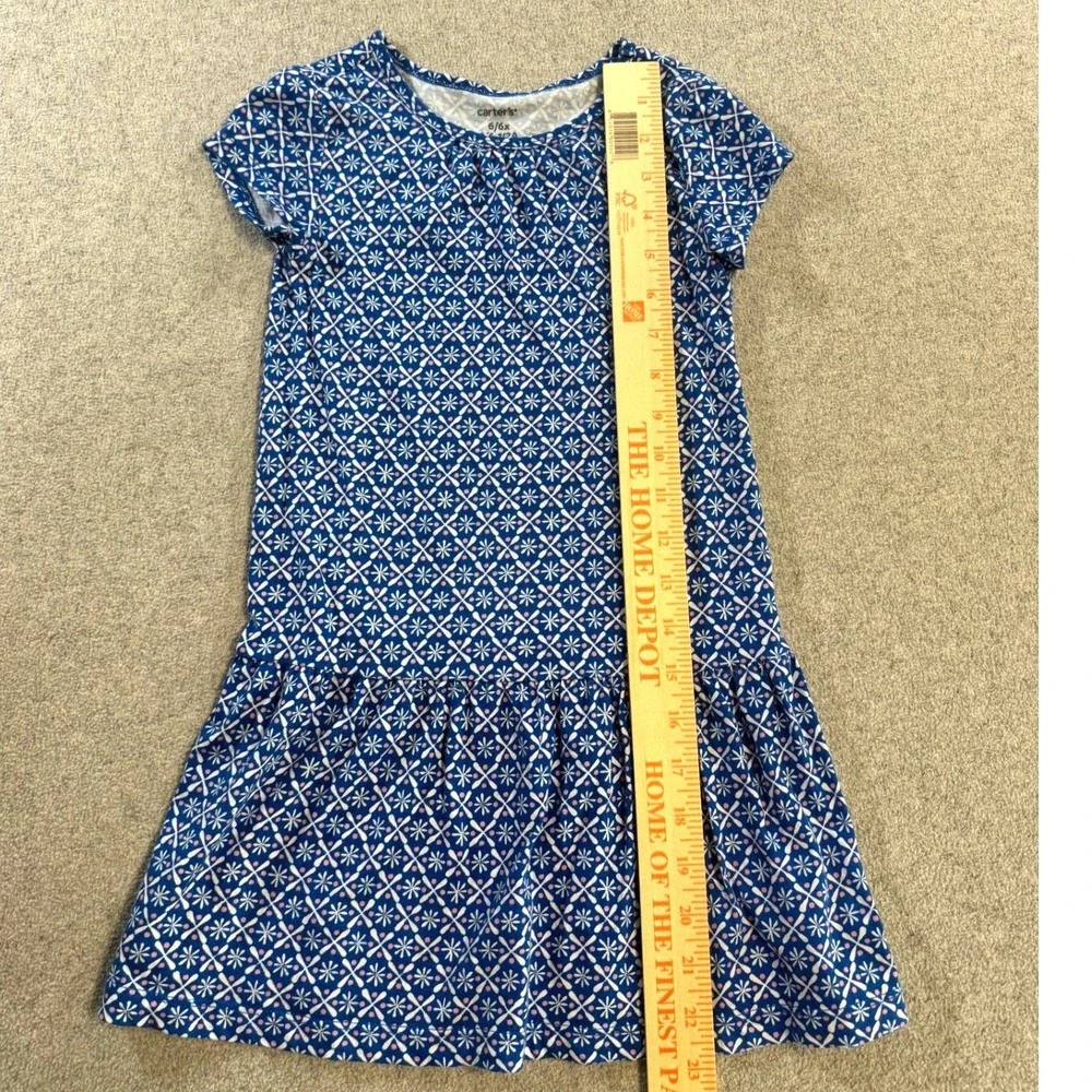 Carters Dress Girls 6/6x Blue White Geometric Floral Drop Waist‎ Short Slv